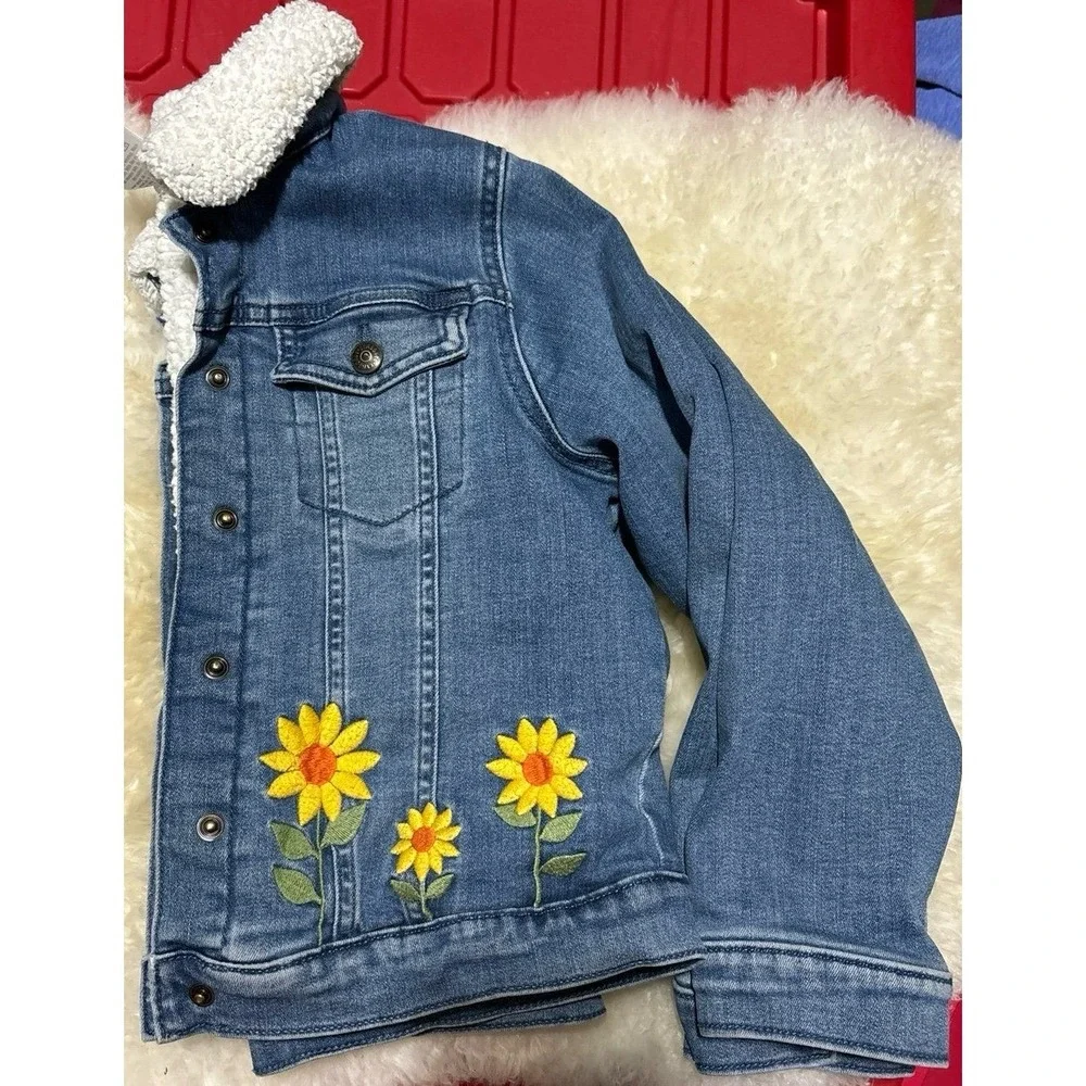 Gymboree Girl's Sherpa Lined Embroidered Sunflowers Denim Jean Jacket, Size 10